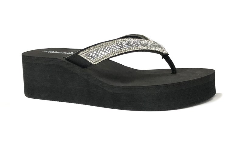 REDVOLUTION New Women's Rhinestone Sandals Platform T-Strap Jewel Sandals High Wedge Flip Flops (Crystal [Black], Numeric_8) - Image 1